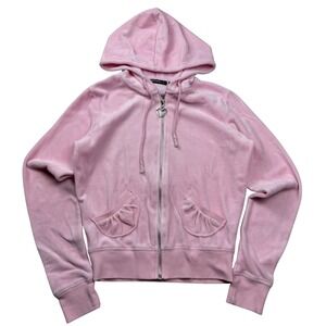VTG Y2K Simply by E Pink Velour Zip Up Hoodie Heart Zipper Ruffle Pockets Small